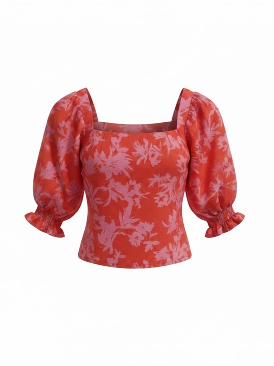 Day + Moon Tops - Square-Neck Puff Sleeve Floral Blouse in Coral Pink